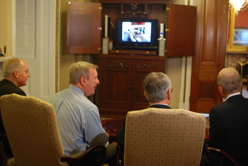 From left: Rep. Bill Foster, Sen. Richard Durbin, Rep. Don Manzullo, and Sen. Bill Nelson (FL) discuss bringing a new flight school to the Chicago-Rockford International Airport with the President of Embry-Riddle Aeronautical University, Dr. John Johnson, Ph.D., via video teleconference.